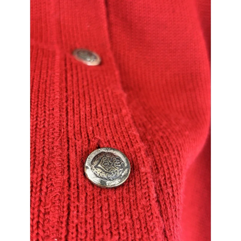 Vintage Sweater Vest Wool Blend Red Button M Pockets V-Neck Academia Silver